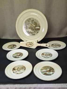 Vintage Harkerware Currier & Ives Cake Plate, dessert plates + cake server, 8 pc